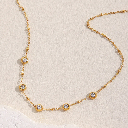 Minimalist Geometric Stainless Steel Necklace with 18K Gold Plating and Round Zircon Accents for Women