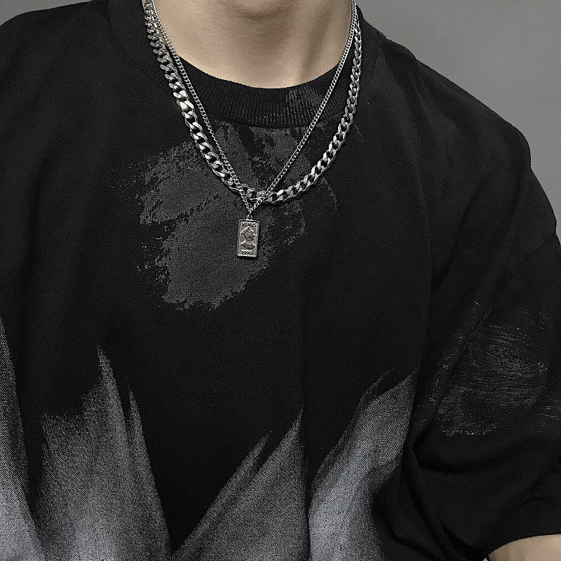 Collana da uomo e donna a doppia catena cubana geometrica minimalista in acciaio inossidabile con ciondolo in acciaio al titanio lucidato
