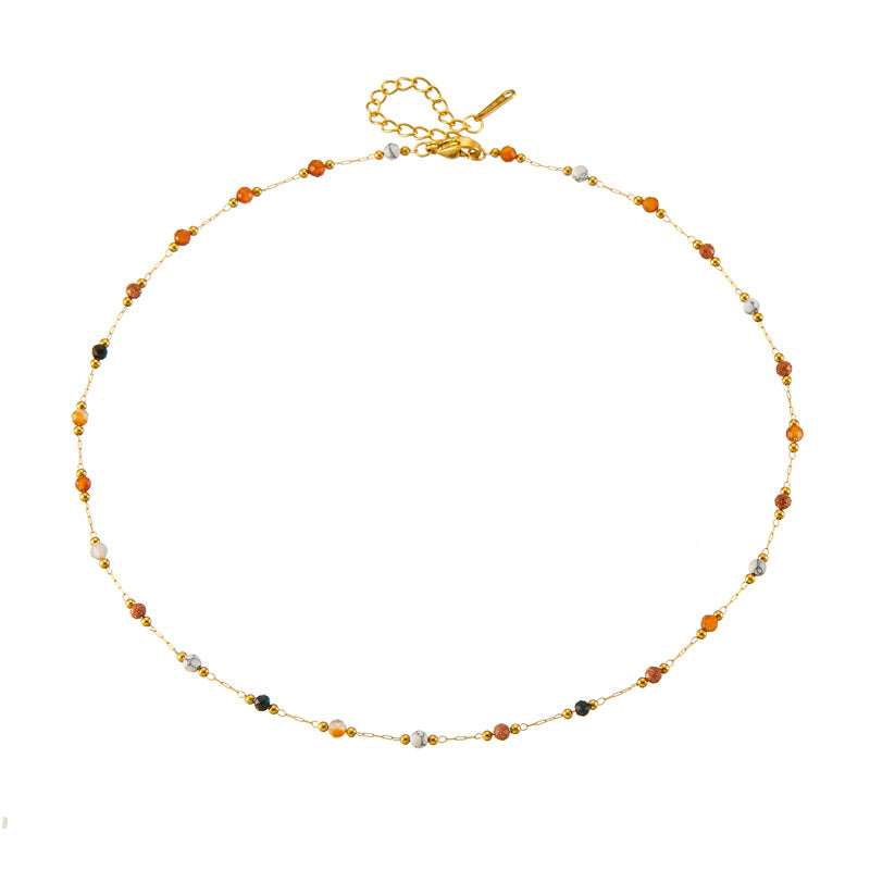 Vintage Fashion Geometric Colored Stone Beaded Stainless Steel Plated Necklace