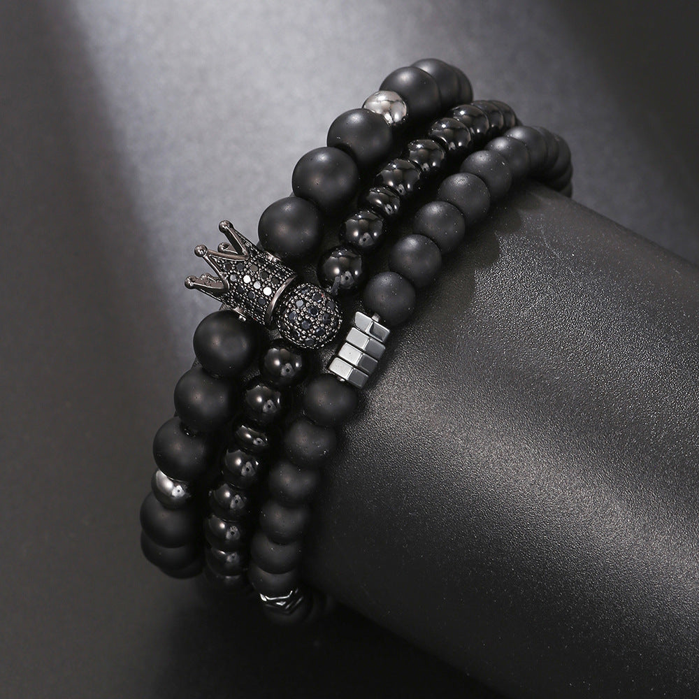 Matte Black Hematite Geometric Round Bracelet with Micro-Inlaid Cubic Zirconia Crown Beads for Unisex
