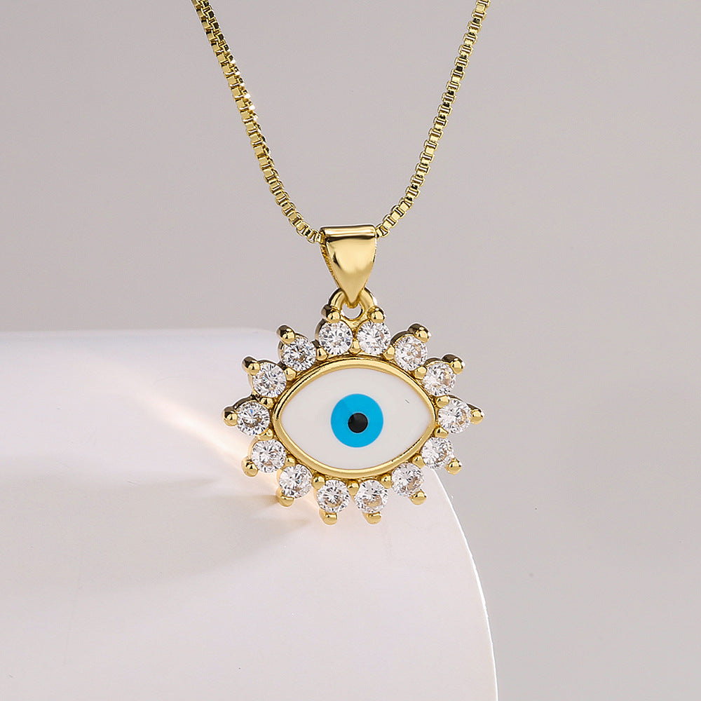 Minimalist Geometric Evil Eye Pendant Necklace in Brass with Enamel Finish and Zircon Inlay