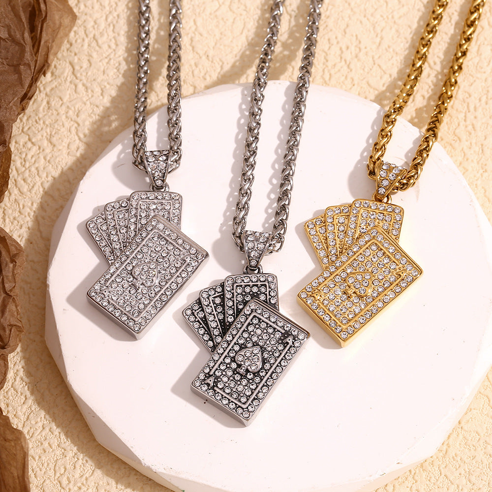 Minimalist Poker Card Pendant Necklace for Women Stainless Steel with 18K Gold Plating and Full Rhinestone Inlay on Adjustable Chain