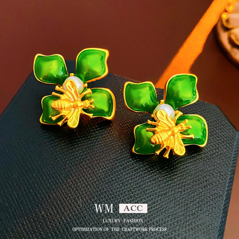 Vintage Floral Geometric Earrings with Rhinestone Inlay and Enamel Finish in Brass with Steel Posts for Women