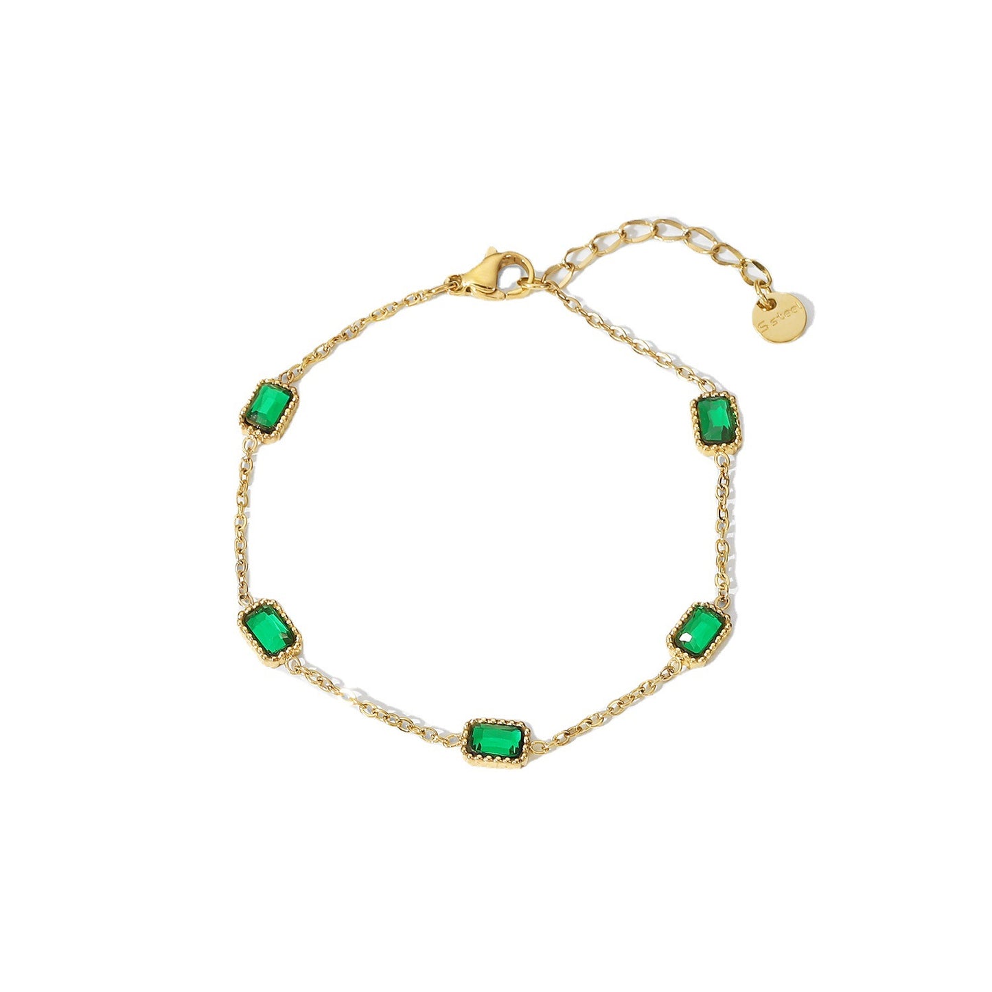 Bracciale Minimalista Geometrico in Acciaio Inossidabile con Placcatura in Oro 14K e Accenti Quadrati di Zircone Verde da Donna