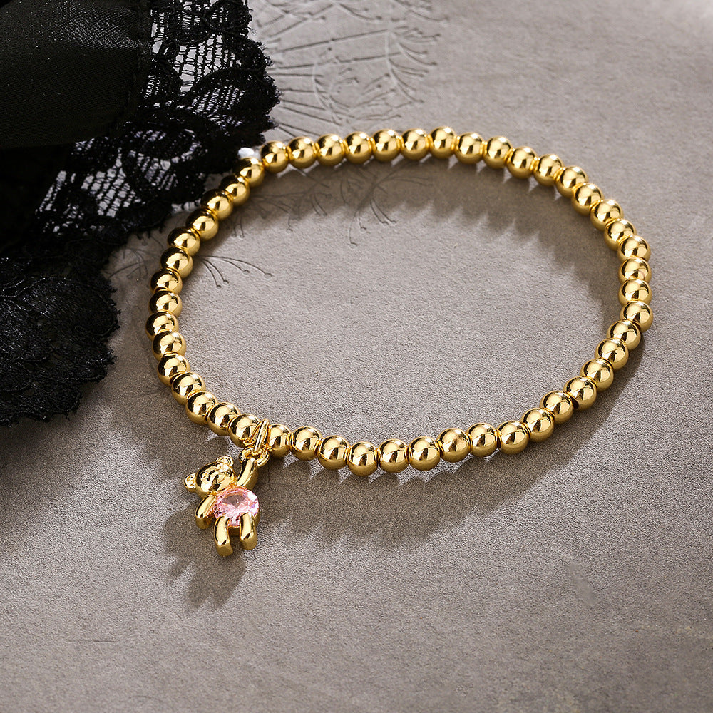Bracciale in Rame a Forma di Orsetto con Placcatura in Oro e Intarsi in Zirconi per Donna, Accessorio di Moda Geometrico