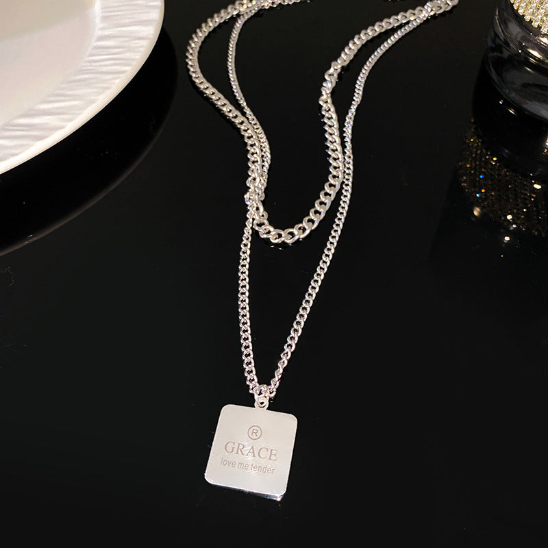 Minimalist Streetwear Silver Plated Titanium Steel Square Geometric Letter Pendant Necklace for Unisex