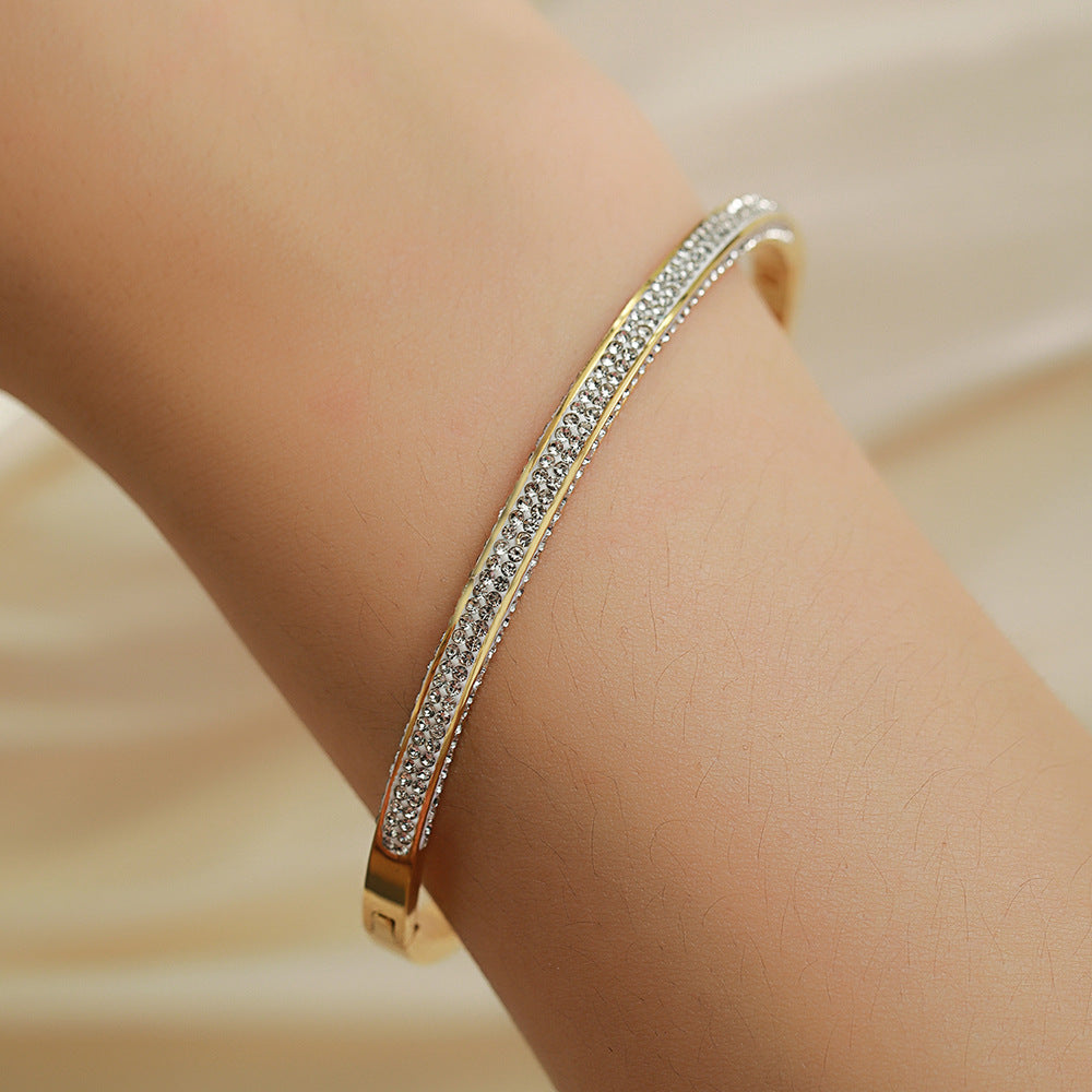 Geometric Round Rhinestone Inlaid Plated Titanium Steel Bracelet for Women and Men
