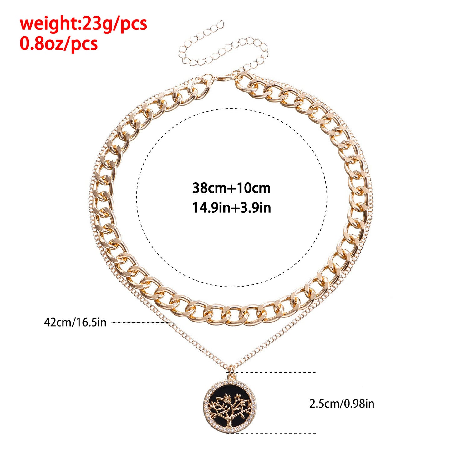 Geometric Round Tree of Life Pendant Necklace with Rhinestone Inlay on Double-Layer Aluminum Chain for Women