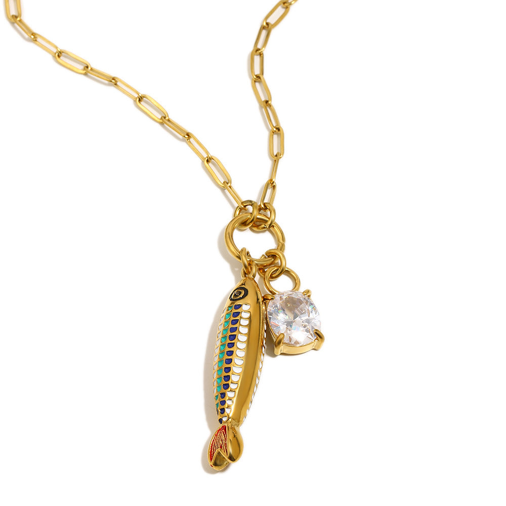 Elegant Luxury 18K Gold Plated Stainless Steel Drip Oil Fish Pendant Necklace with Cubic Zirconia for Women