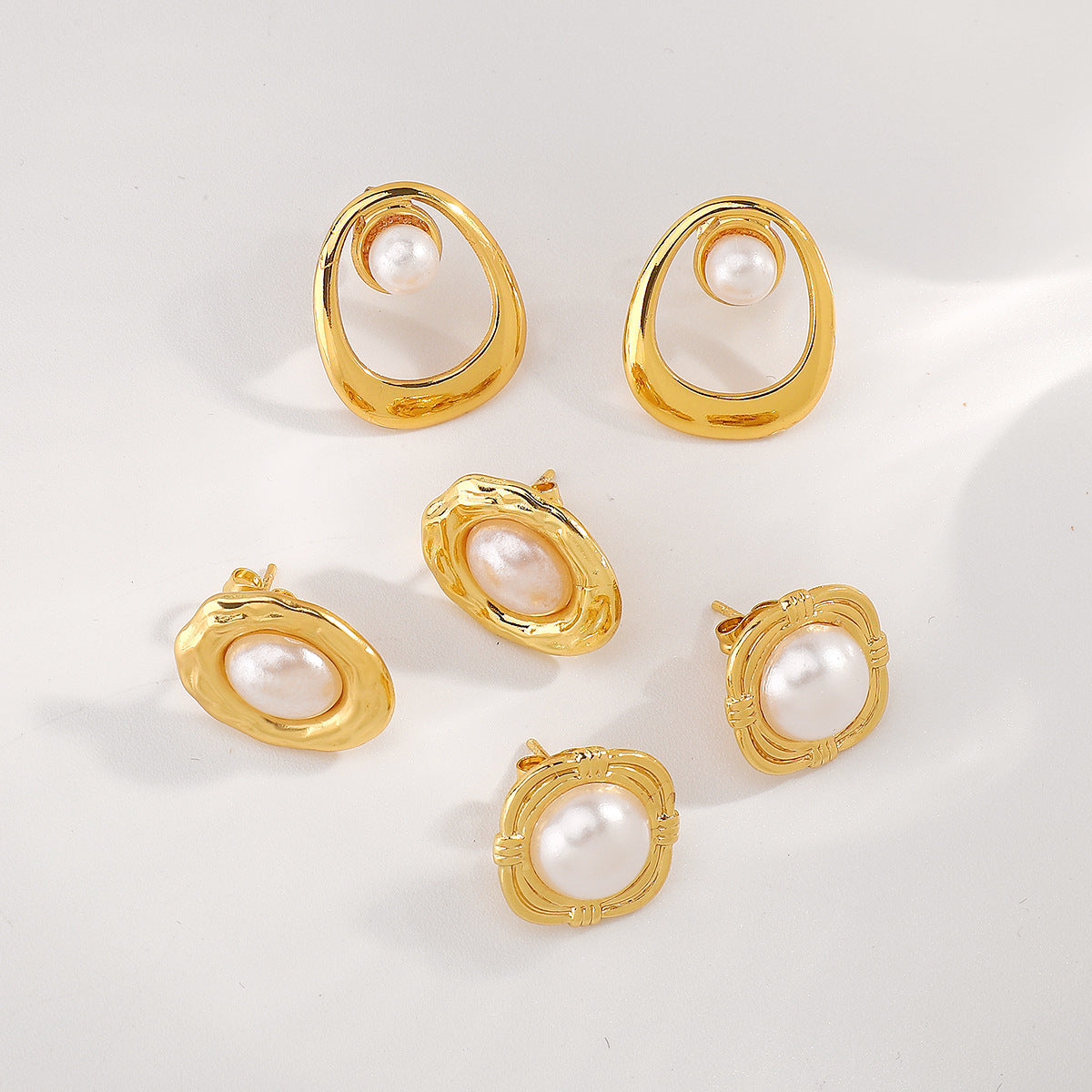 Vintage-Inspired Geometric Stainless Steel Stud Earrings for Women with Pearl Accents and Plated Finish