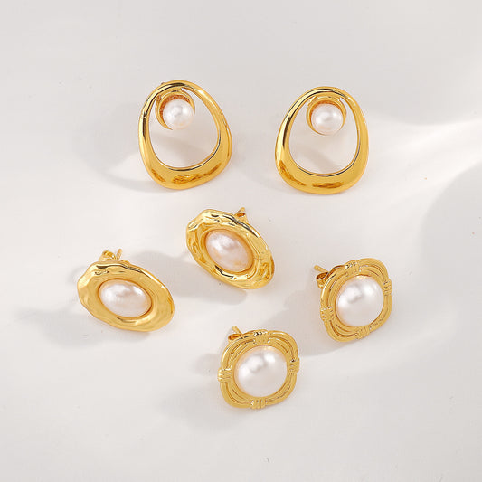 Orecchini a perno geometrici da donna in acciaio inossidabile d'ispirazione vintage con accenti di perle e finitura placcata
