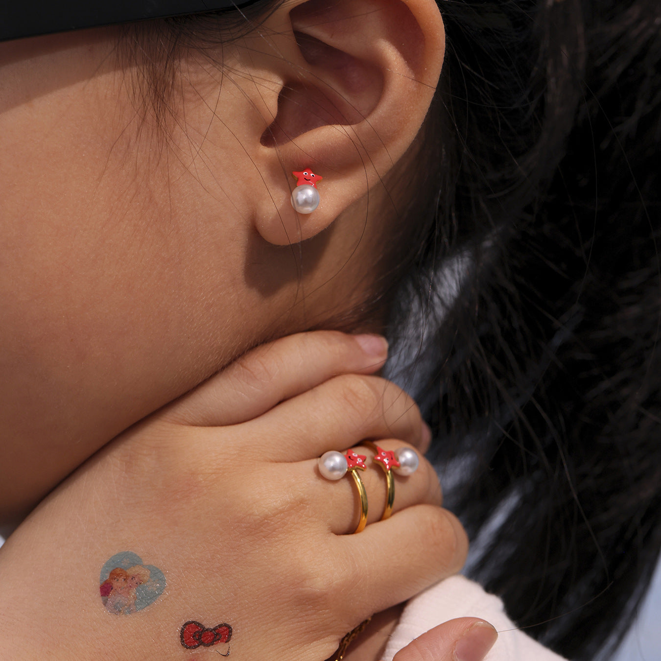 Conjunto de collar, pulsera, pendientes y anillo de perlas de estrella de mar a la moda para mujer, colgante de acero inoxidable con acabado chapado