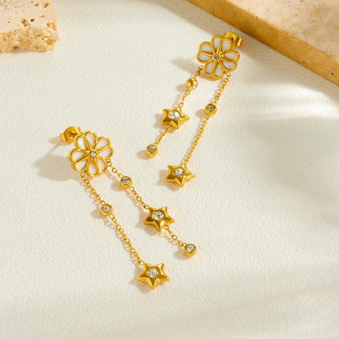 Vintage Gold Plated Stainless Steel Star and Floral Earrings with Rhinestone and Shell Inlay