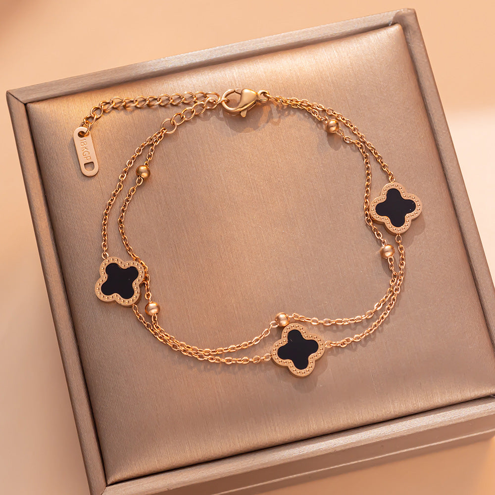 Fashion Double Layer Four Leaf Clover Bracelet 18K Rose Gold Plated Titanium Steel Geometric Design Women Jewelry