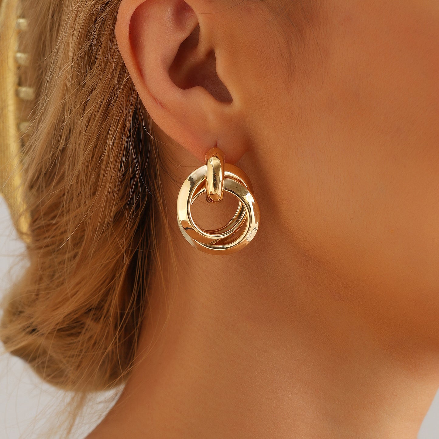 Minimalist Geometric Double Hoop Earrings for Women with Electroplated Metal Finish