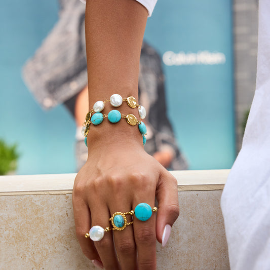 Bracciale Geometrico in Acciaio Inossidabile Placcato con Dettagli Turchesi da Donna, Accessorio di Moda Lussuoso e Minimalista