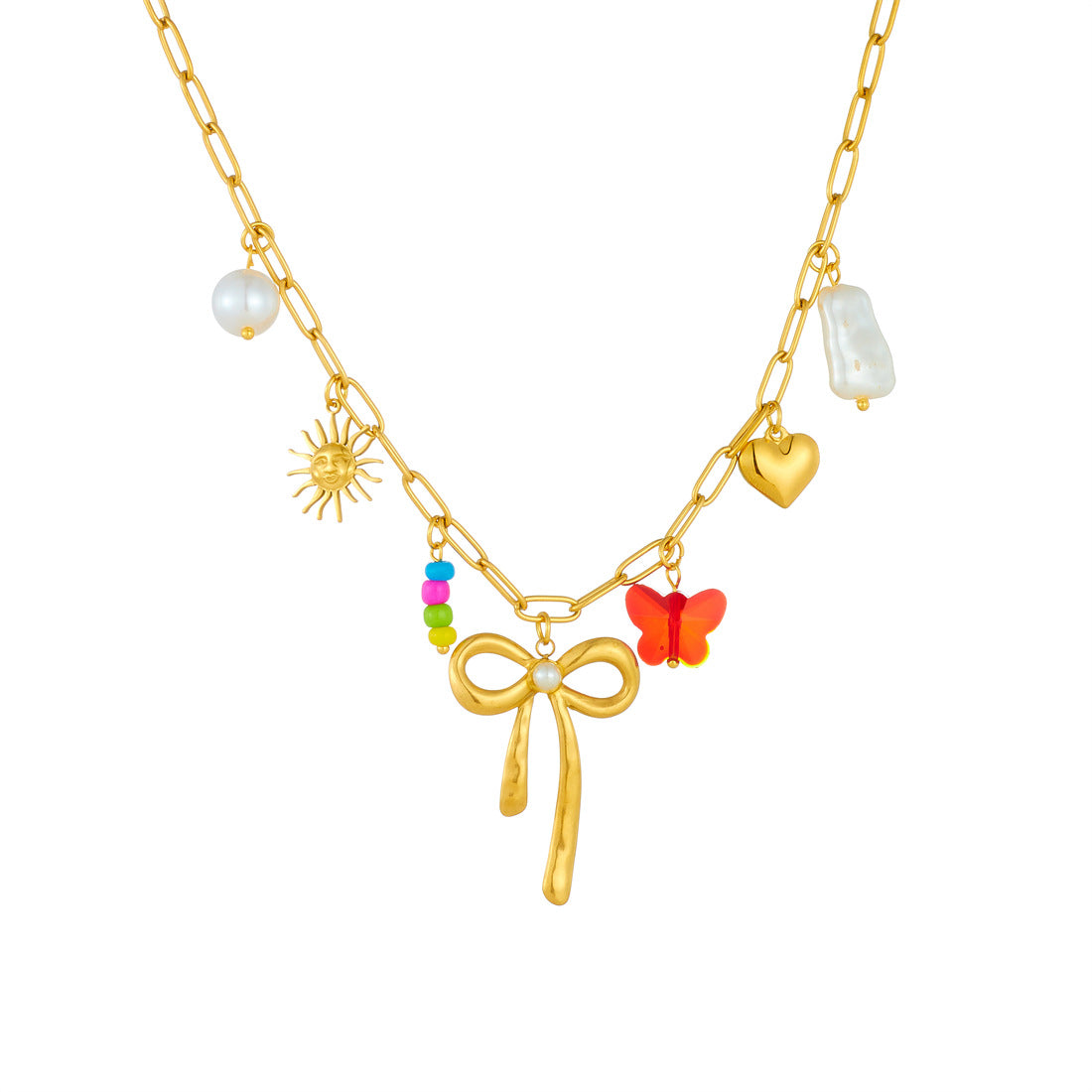 Gold Plated Stainless Steel Butterfly Necklace with Bow Knot for Women