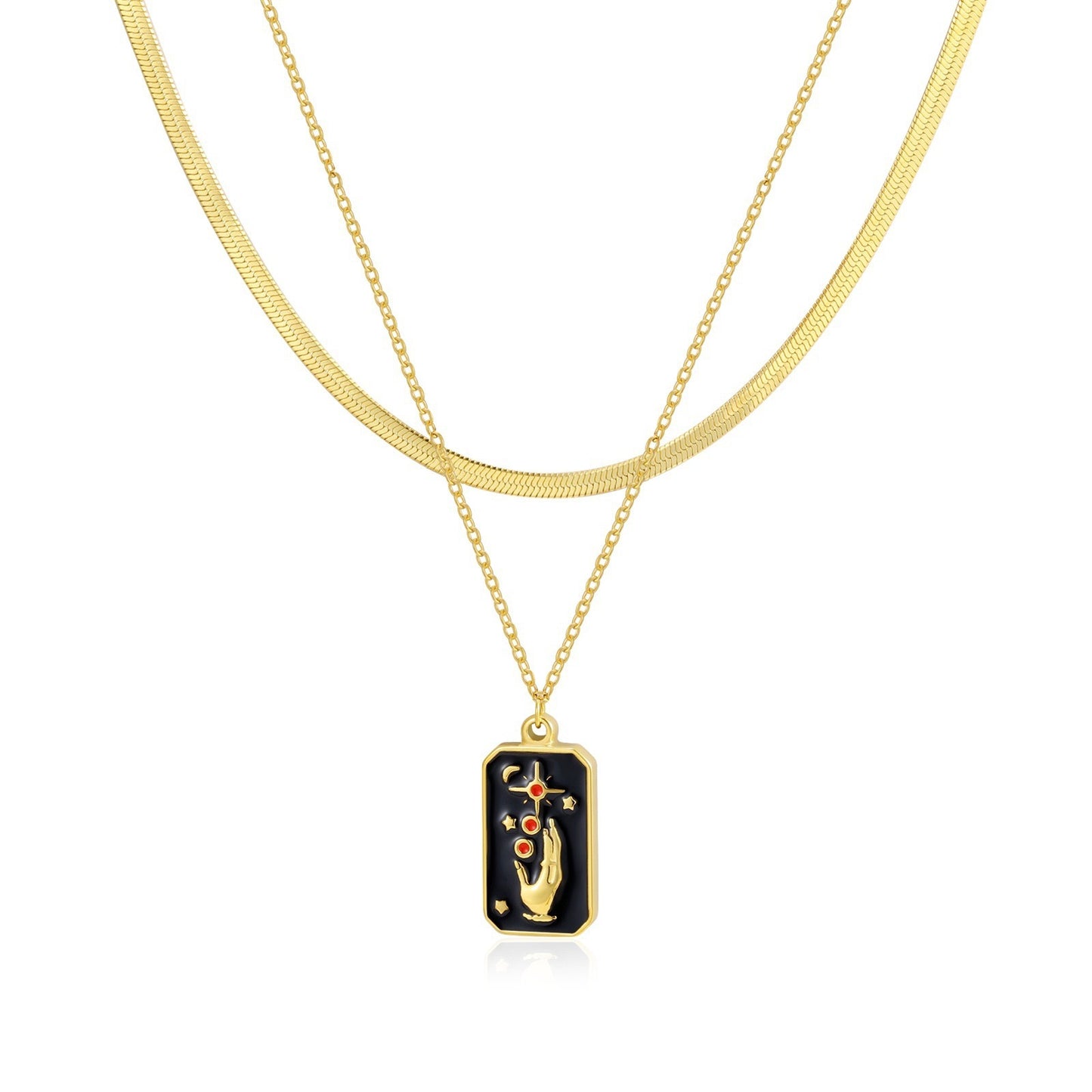 Collana Pendente Tarocchi Vintage a Doppio Strato in Acciaio Inossidabile con Design Divinità Solare Floreale a Ottagramma Sole e Luna su Catena Serpentina