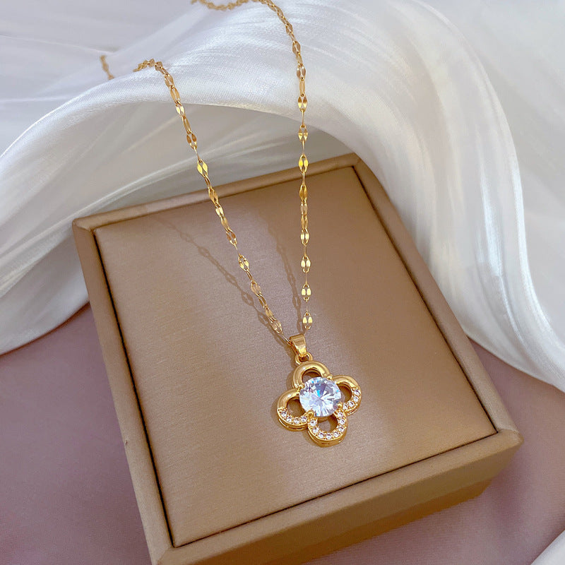 Minimalist Sweet Geometric Titanium Steel Gold Plated Cubic Zirconia Inlay Necklace