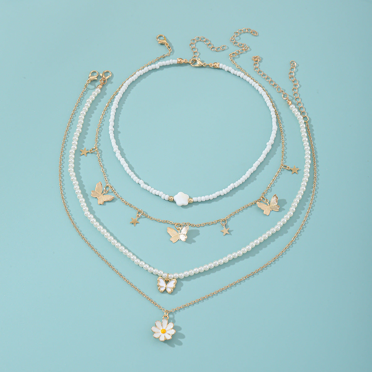 Set collana con pendente a farfalla rosa e floreale per bambini con perle in resina e ciondolo in lega, finitura smaltata, catena a sfere rotonde