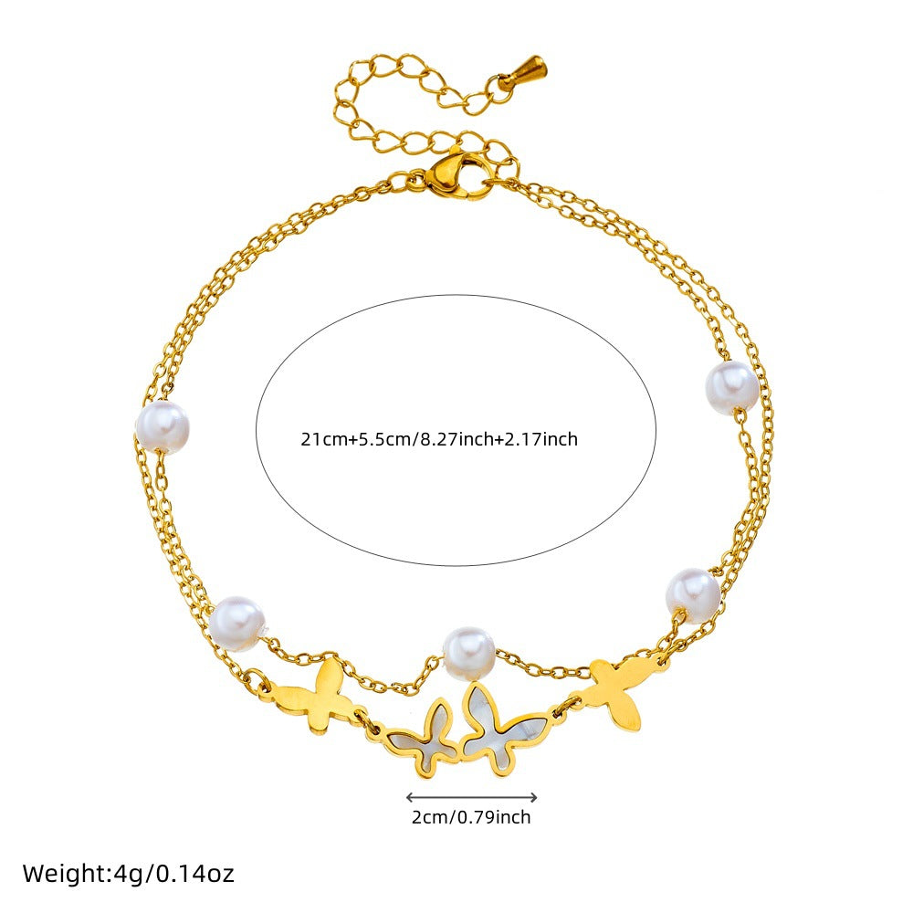 Minimalist Vintage Double-Layer Pearl Butterfly Anklet for Women in Stainless Steel with Gold Plating