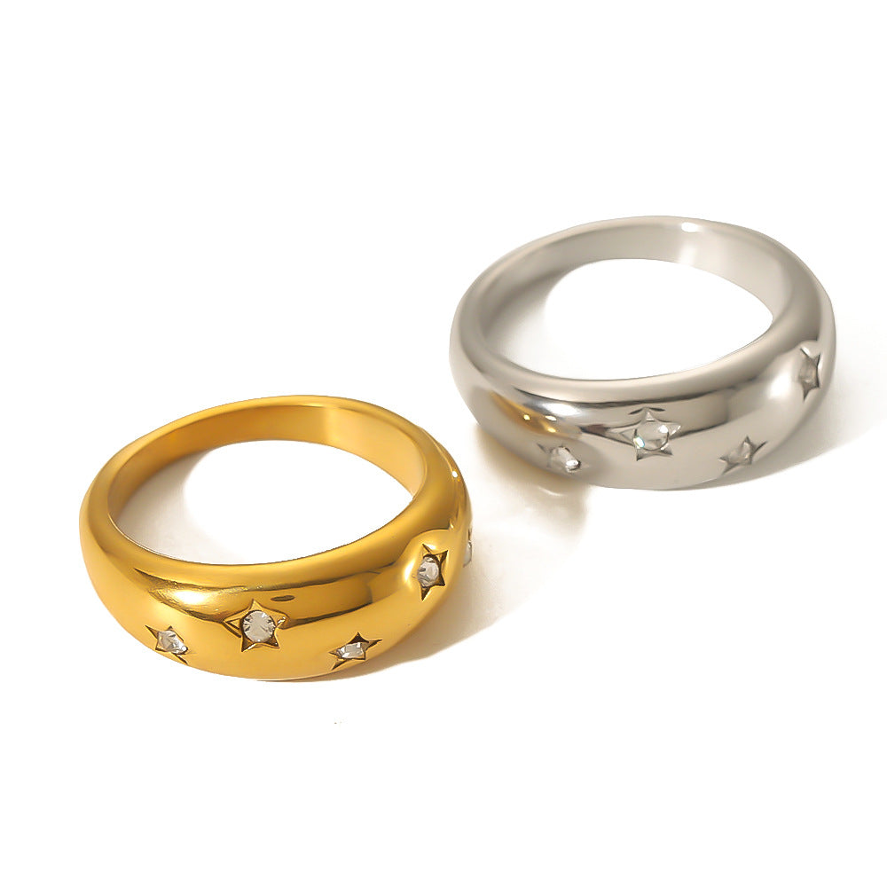 Minimalist Geometric Star-Inlaid Stainless Steel Ring with 18K Gold Plating for Women