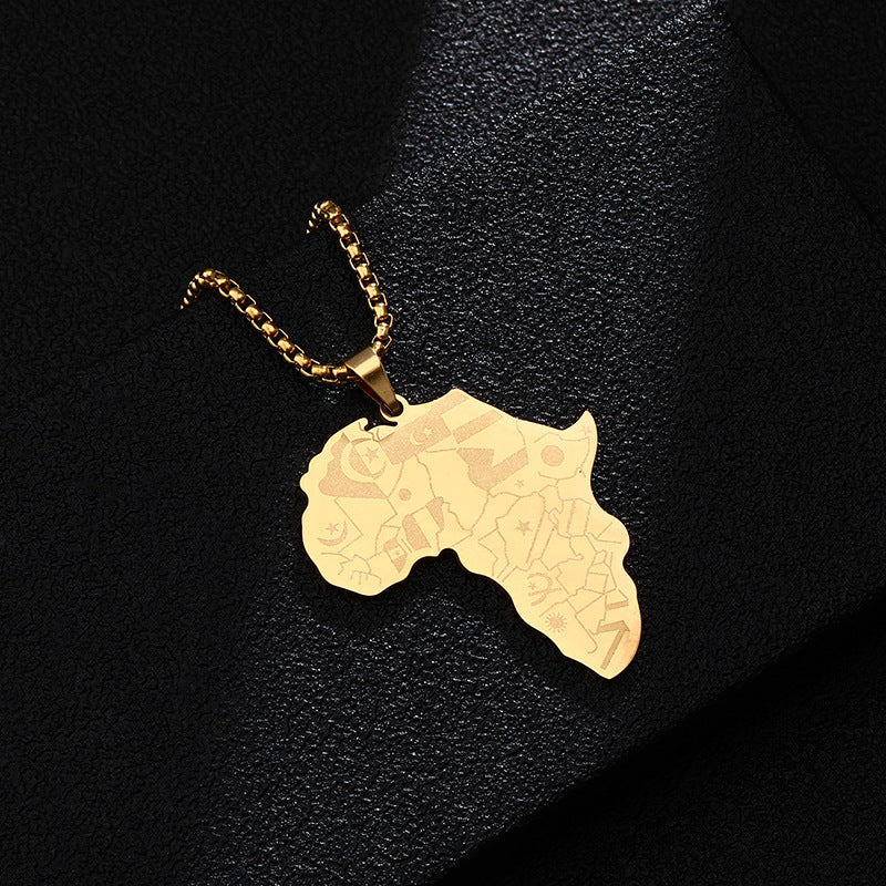 Collana con Ciondolo Mappa dell'Africa Placcato Oro in Acciaio al Titanio Stile Retro Hip-Hop con Ciondolo Elefante su Catena di Perle Quadrate per Unisex