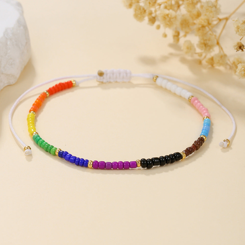 Bohemian Rainbow Glass Beads Handmade Adjustable Multi-Layer Wax Cord Necklace