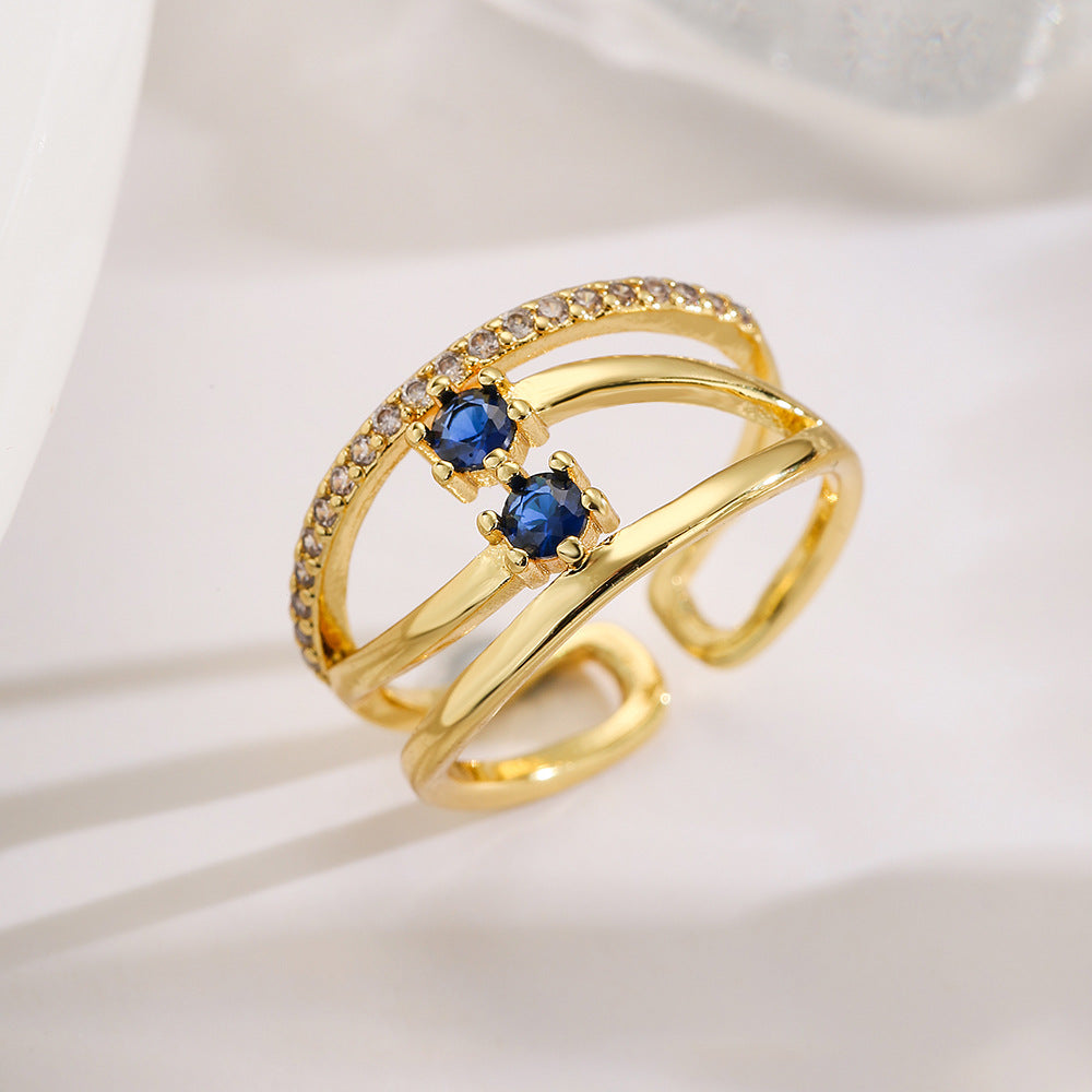 Minimalist Geometric Hollow-Out Zirconia-Set Copper Ring for Women with Irregular Design and Premium Finish