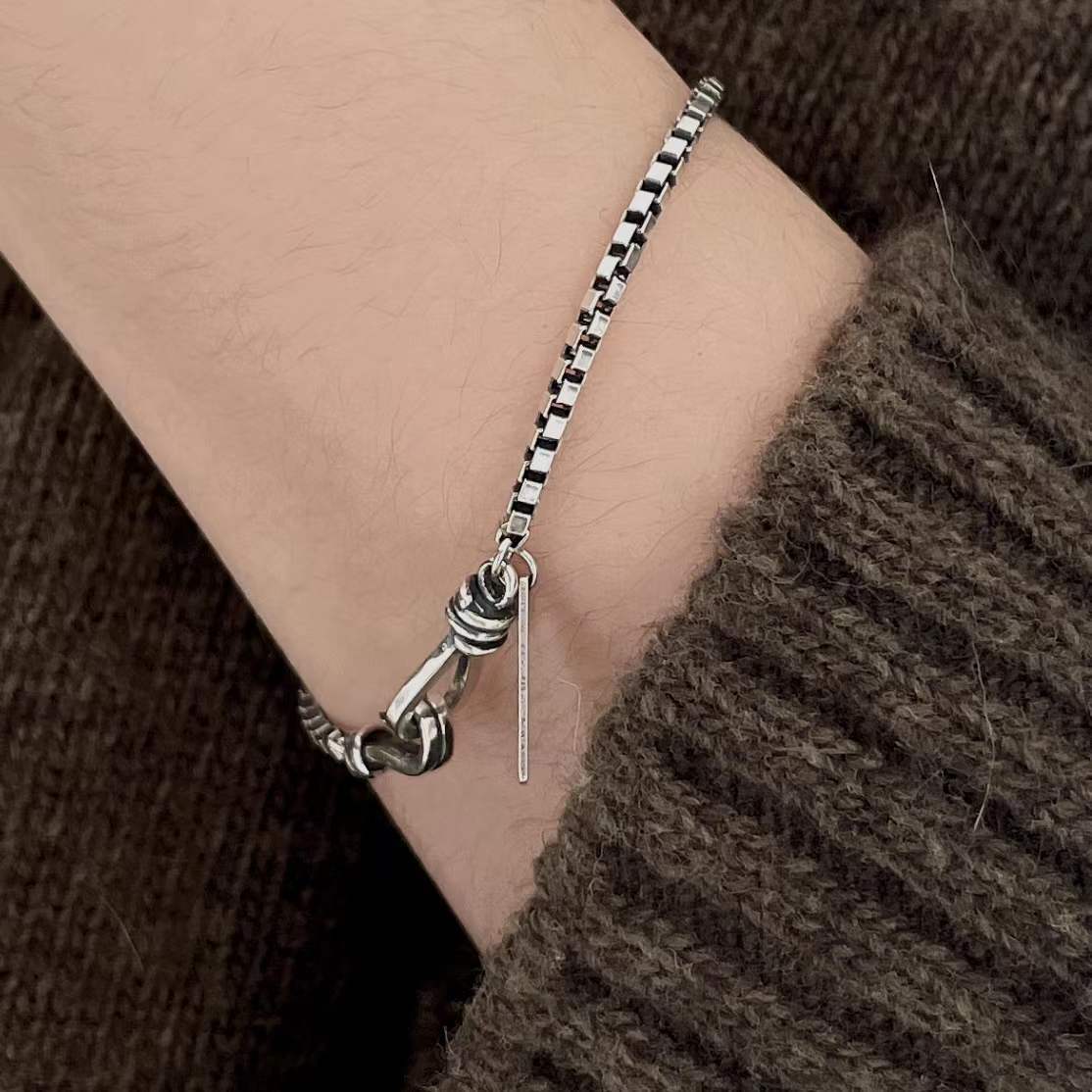 Vintage 925 Sterling Silver Geometric Letter Box Chain Bracelet for Women