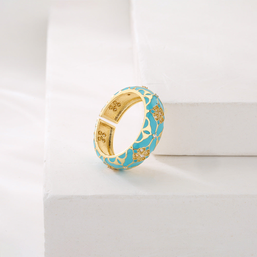 Bohemian Vintage Geometric Open Ring for Women in Copper with 18K Gold Plating and Enamel Finish