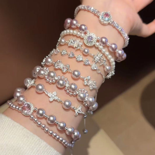 Elegante pulsera geométrica de perlas para mujer con detalles de pedrería, acabado chapado, estilo minimalista para oficina, joyería de lujo para uso diario