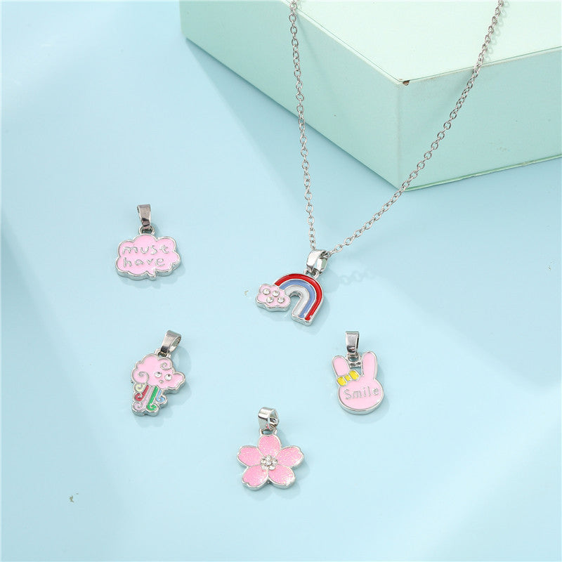 Collana con Ciondolo a Barra in Lega Animale Floreale a Cartone Animato Smaltato con Catena a Maglie per Bambini