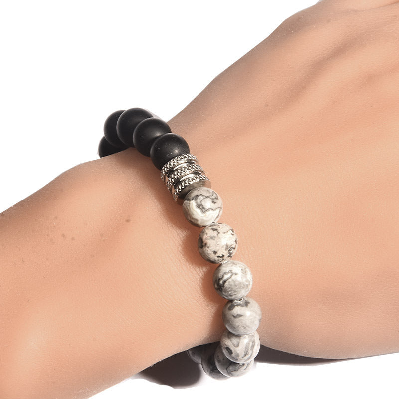 Geometric Stainless Steel Men's Bracelet with Tiger Eye Volcanic Map Stone Beads