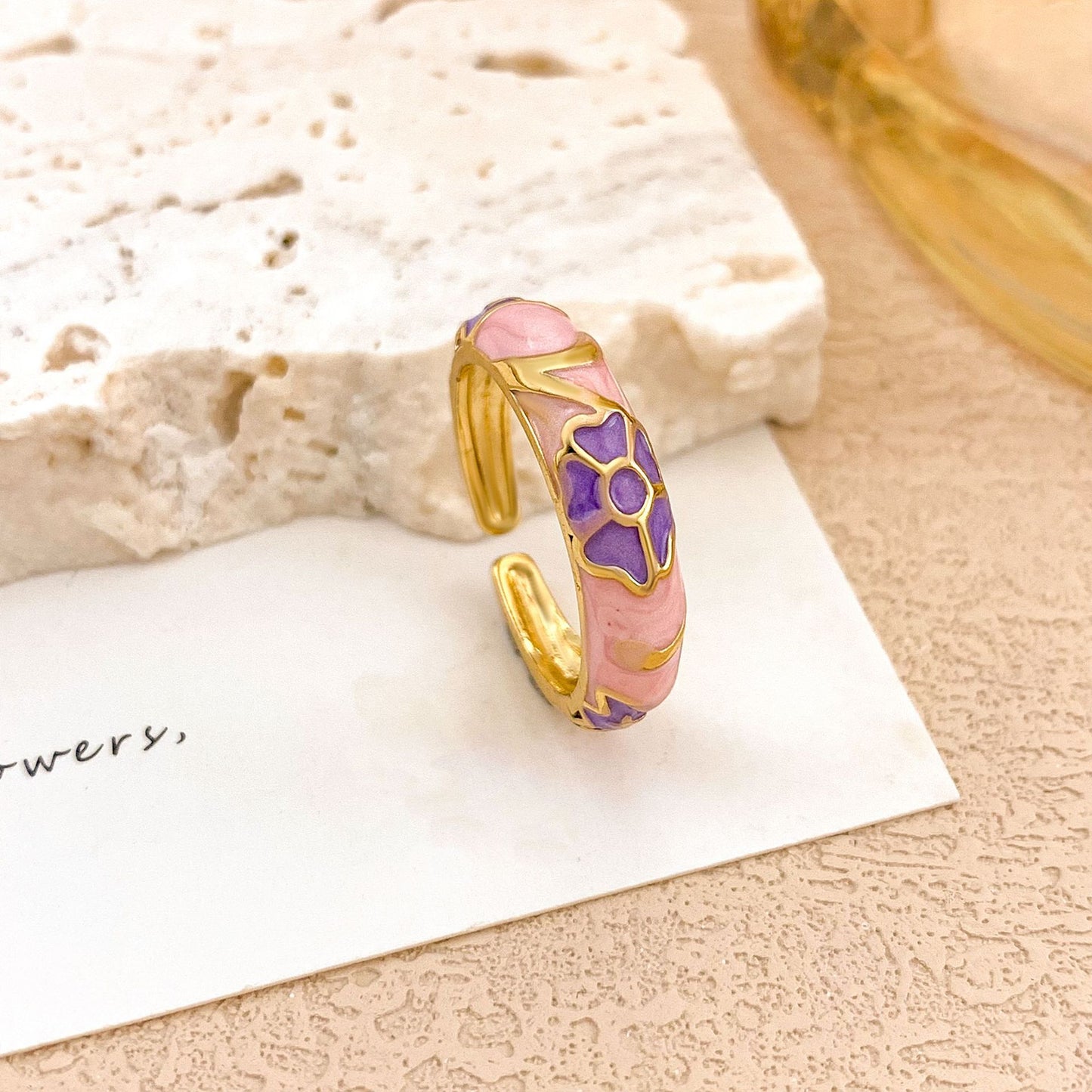 Anello da donna in lega smaltata floreale elegante di lusso