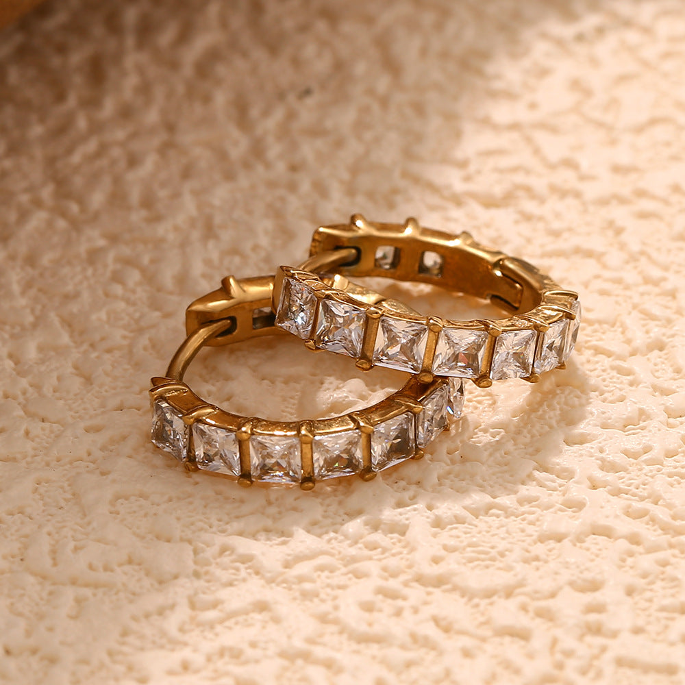 Minimalist Elegant Geometric Stainless Steel Gold Plated Rhinestone Hoop Earrings for Women