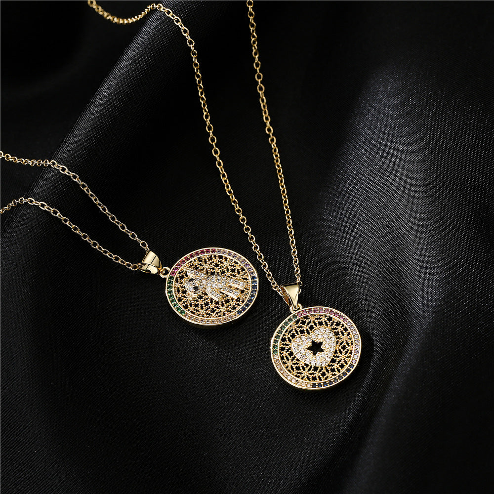 Micro-Inlaid Cubic Zirconia Bear Heart Round Geometric Brass Pendant Necklace with Cable Chain