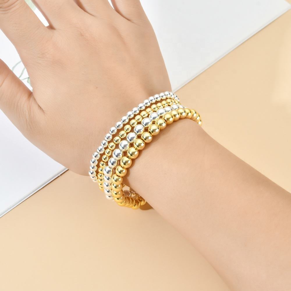 18K Gold Plated Hematite Round Beaded Stretch Bracelet for Women