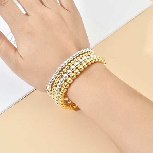 18K Gold Plated Hematite Round Beaded Stretch Bracelet for Women