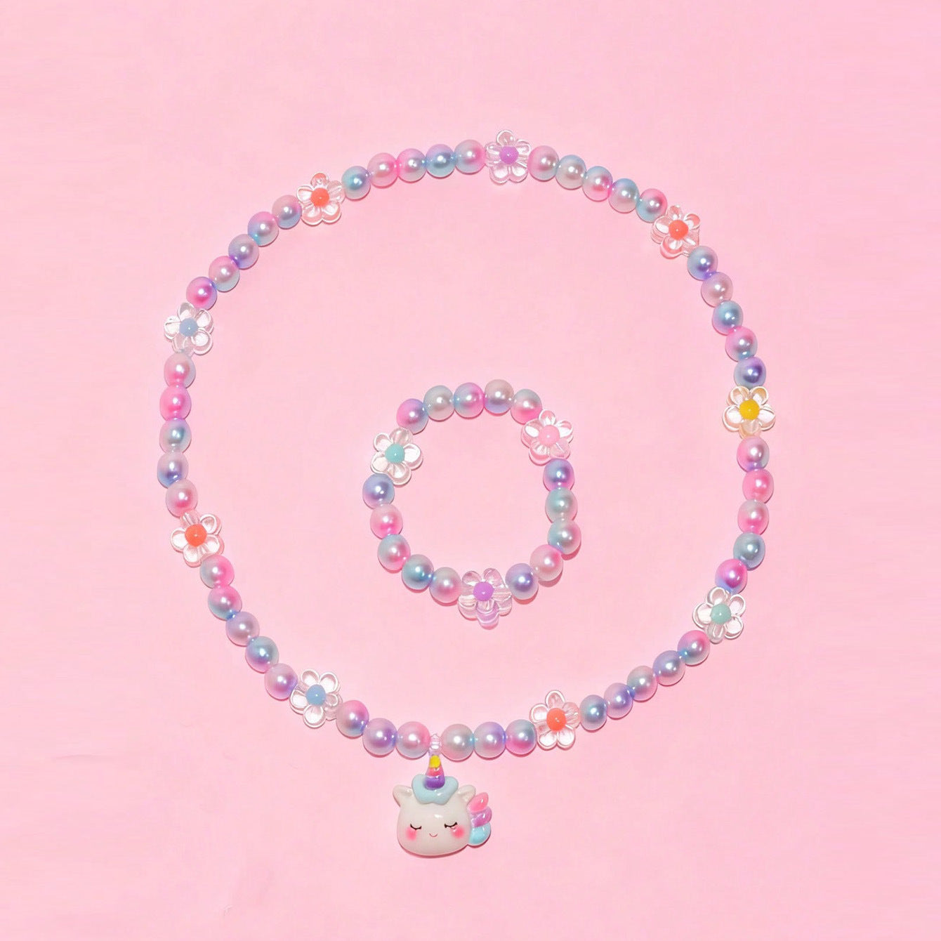 Cartoon Unicorn Resin Necklace for Girls with Round Bead Chain Adjustable Length Princess Style Children's Jewelry Set