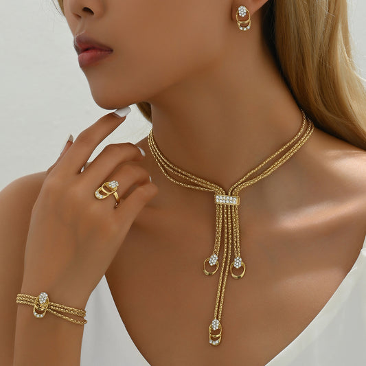 Conjunto de collar, pendientes y anillo de aleación geométrica fresca minimalista con incrustaciones de circonita, cadena de clavícula y anillo para el dedo índice