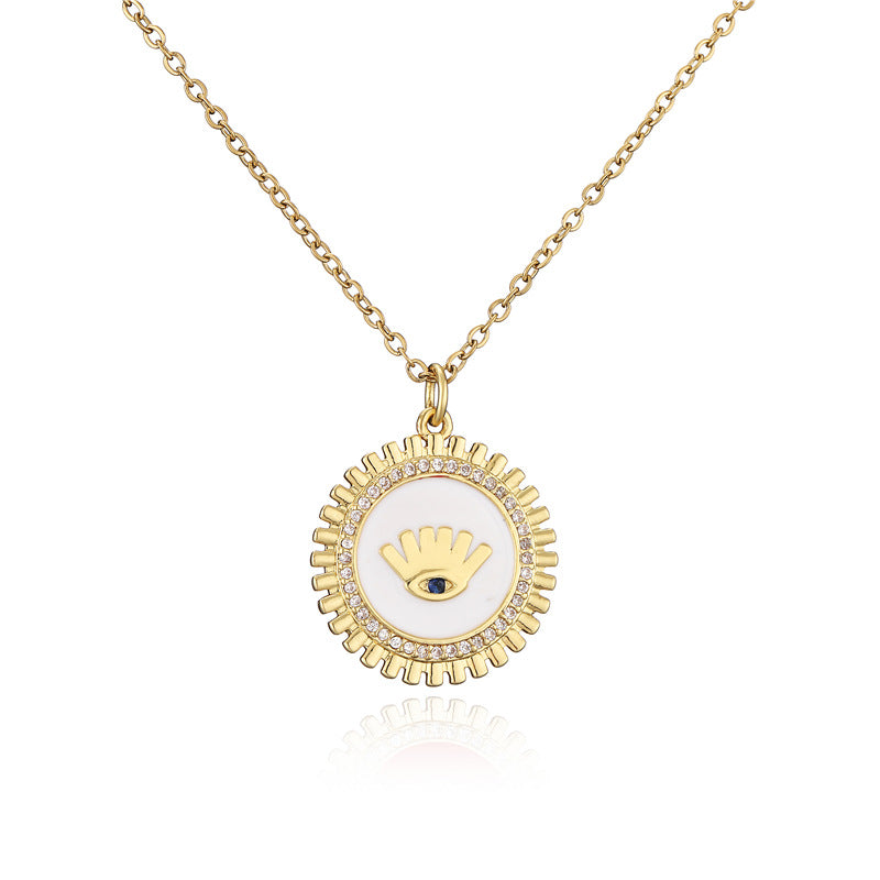 Gold Plated Brass Geometric Eye Pendant Necklace with Black White Red Drip Oil and Cubic Zirconia Inlay for Women