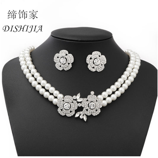 Natural Style Leaf-Shaped Imitation Pearl Necklace Set with Rhinestone Inlay Snake Chain for Unisex