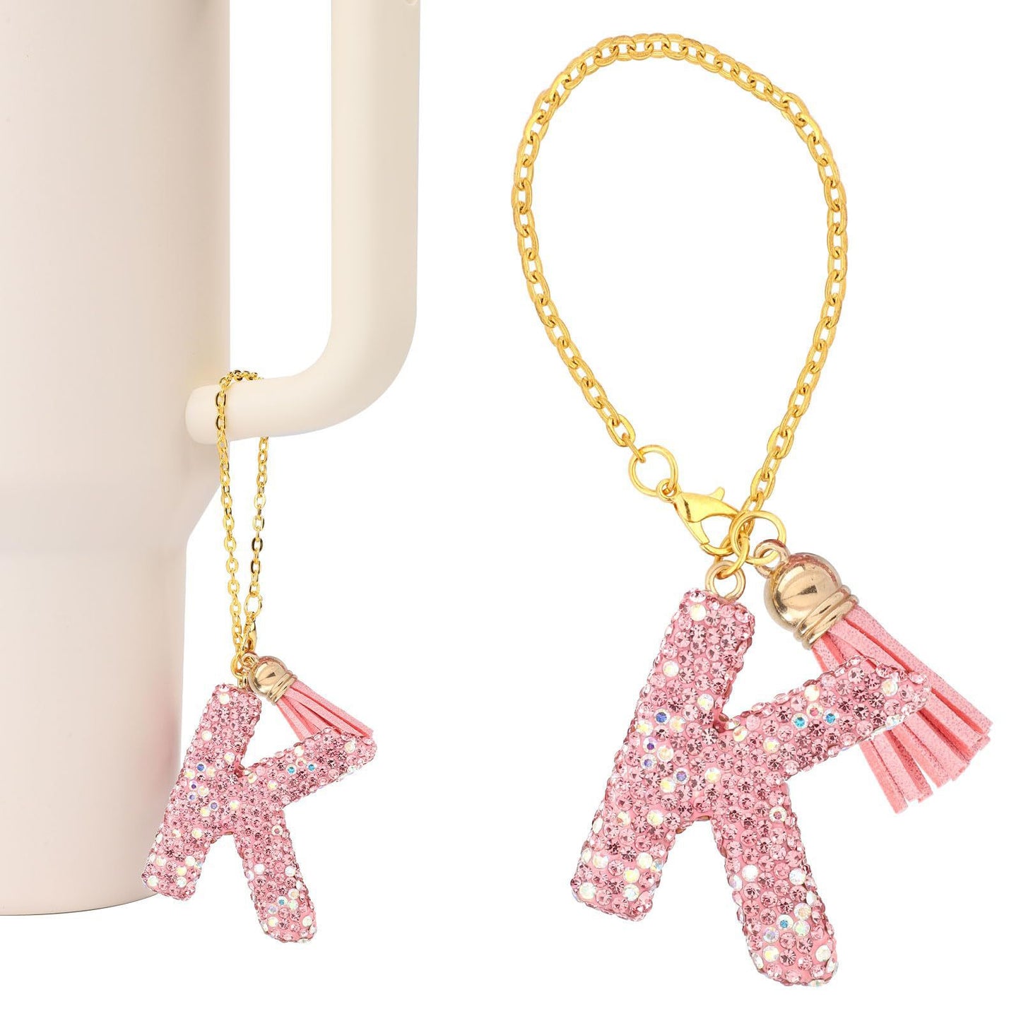 Minimalist Geometric Letter Ceramic Pendant with Gold Adjustable Chain Pink Tassel and Glitter Sequins