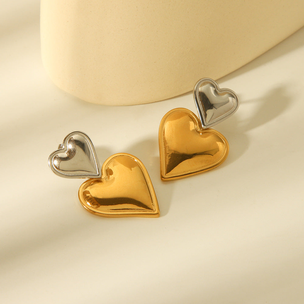 INS Style Heart-Shaped Stainless Steel Earrings with Hammered Texture and 18K Gold Plating for Women