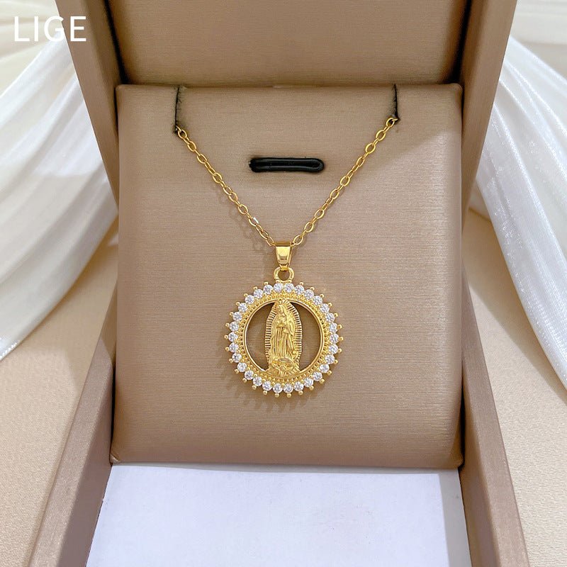 Luxury Full-Rhinestone Geometric Circle Pendant Necklace for Women and Men Titanium Steel Snake Chain Delicate Clavicle Jewelry