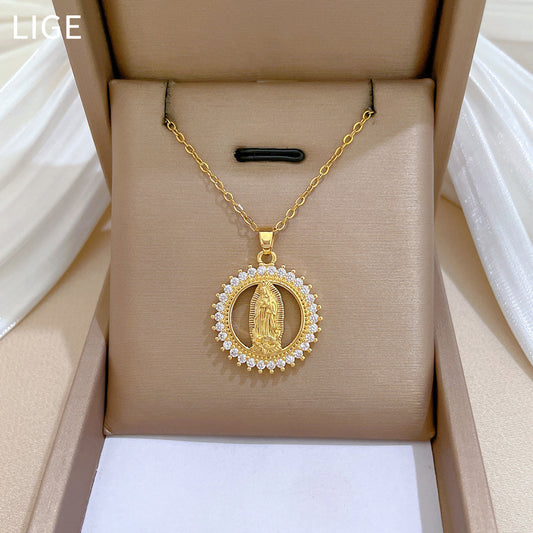 Luxury Full-Rhinestone Geometric Circle Pendant Necklace for Women and Men Titanium Steel Snake Chain Delicate Clavicle Jewelry