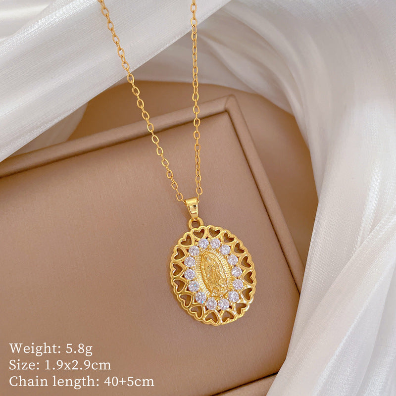 Elegant Egg-Shaped Portrait Pendant Necklace for Women with Rhinestone Inlay on Titanium Steel Chain