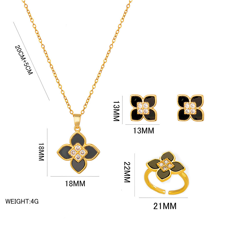 Minimalist Clover-Shaped Titanium Steel Necklace Set with 18K Gold Plated Pendant, Heart-Shaped Earrings, and Snake Chain for Women