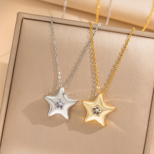 Minimalist Geometric Star Pendant Necklace in Titanium Steel with 18K Gold Plating for Women